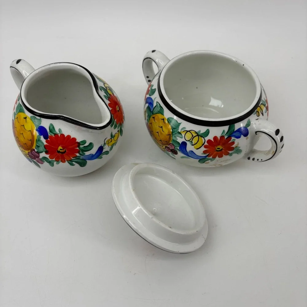 Vtg #1796 De Luxe H. & N. Germany Hand Painted Ceramic Creamer Sugar Majolica